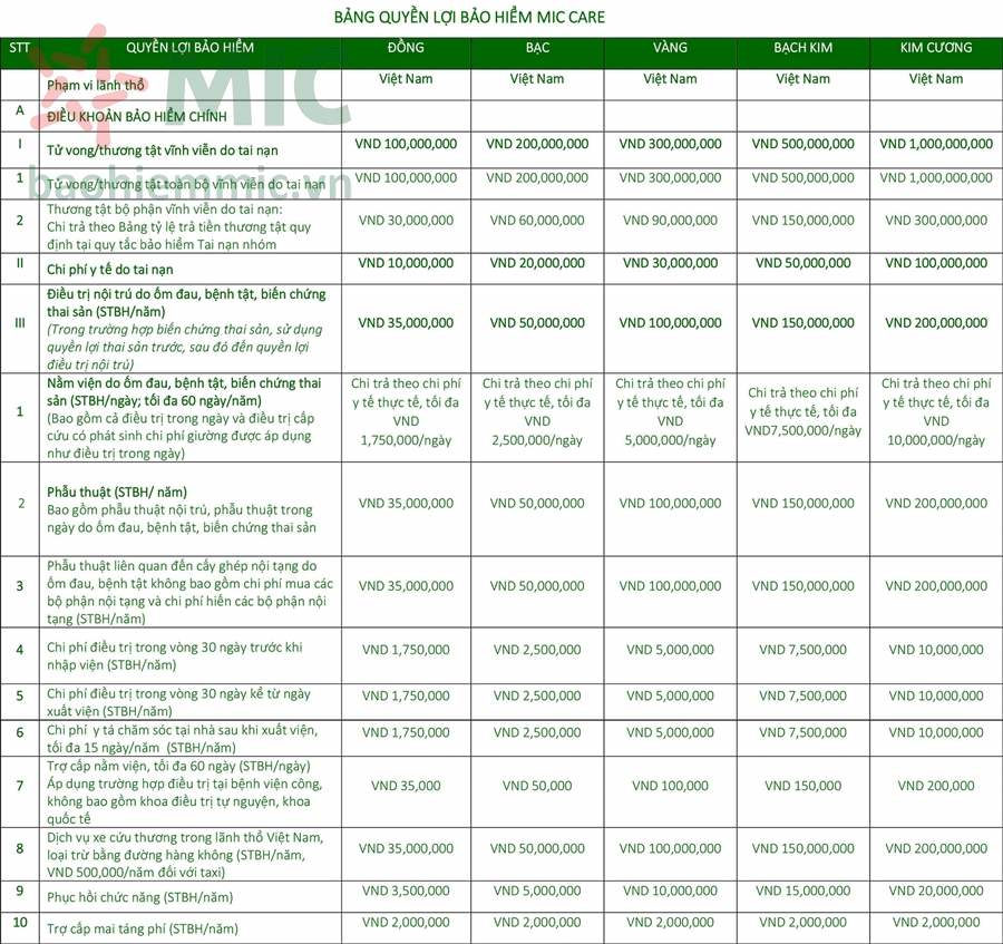 quyen loi chinh bao hiem mic care 2024