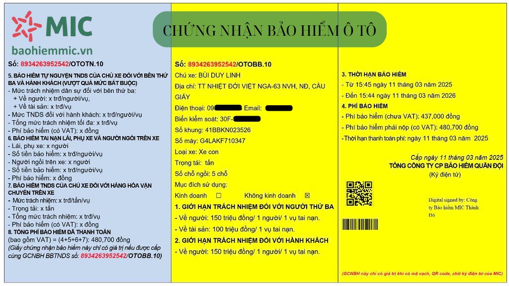 Giấy chứng nhận bảo hiểm ô tô của MIC